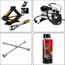 Otokap Universal 1.5 Ton Cırcır Kollu Araç Kriko Seti 150 Psı Metal Hava Kompresörü Bijon Anahtarı 400 ml Lastik Tamir Kiti Oto Acil Yol Yardım
