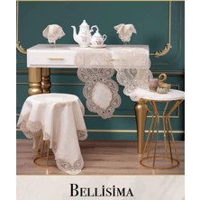 Ceki Home Salon Takımı 5 Parça Keten Dantelli Masa Örtüsü Runner Seti Bellisima Model No 800 -Krem-Kapiçino