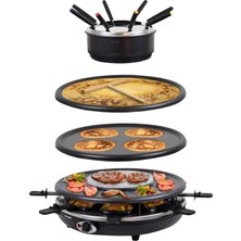 Syntrox Almanya RAC-1350W-VAUD 4'ü 1 Arada Raclette Izgara Fondü Sıcak Taş, 8 Kişilik, Paslanmaz Çelik Tasarım
