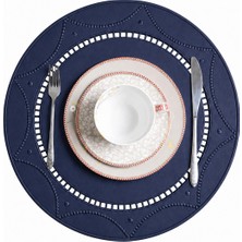 Evien Home Nakışlı Deri Amerikan Servis 2'li Set Çift Taraflı Yuvarlak Supla 42X42 cm Bianca Lacivert