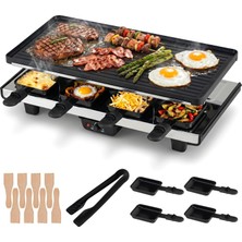 Lıfezeal 8 Kişilik Raclette Izgara, Ters Çevrilebilir Yapışmaz Izgara Plakalı 1400W Elektrikli Izgara, 8 Tava ve 8 Tahta Spatula
