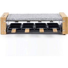 H.koenig 8 Kişilik Çok Fonksiyonlu Raclette Makinesi Wod8 Doğal Ahşap Tasarım, Çıkarılabilir Granit Taş, Profesyonel Peynir Fondü Raclette, 8 Adet Yapışmaz Tava, 8 Adet Ahşap Spatula