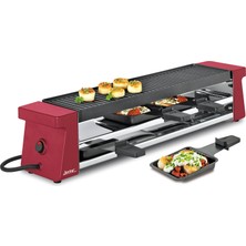 Spring Raclette Grill 4 Kişilik Kompakt, Kırmızı, Elektrikli Masa Izgarası, Yapışmaz Kaplamalı Alüminyum Izgara Plakası, 4 Raclette Tava ve Spatula, Depolama Seviyesi, 54,0×10,5×11,5cm, 650W