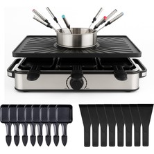 8 Kişilik Fondü/raclette Seti - Tavalar ve Kazıyıcı Dahil Masa Izgarası - Izgara Plakası ve Yapışmaz Kaplamalı Taş Tabak (Fondü Seti)