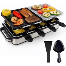 Tava ve Kazıyıcı ile Sıcak Taş Tabaklı 8 Kişilik Raclette Seti - Paslanmaz ve Ayarlanabilir (Kare)