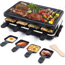 HengBo 8 Kişilik Raclette - 8 Mini Raclette Tava ve 4 Ahşap Spatula ile Raclette Izgara Yapışmaz Kaplama Izgara Tavası, Raclette Cihazı, 1300W