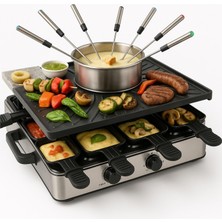 8 Kişilik Raclette Fondü Seti - Yapışmaz Kaplamalı - Tava ve Kazıyıcı Dahil Tencere ve Masa Izgarasıyla (Fondü Seti)