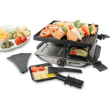 Swissmar Cenevre Raclette 4 Kişilik, Tava ve Kaydırıcılı Raclette Izgara, Yapışmaz Kaplamalı Izgara Plakalı Mini Raclette Izgara ve 4 Raclette Tava, 800W