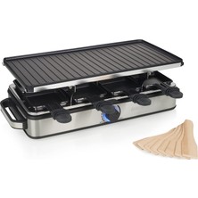 Princess Raclette Grill Deluxe - Çift Taraflı Izgara Plakası, Paslanmaz Çelik Gövde, 8 Kişilik, 1400 Watt, Termostat, 42X21 Cm, 162645