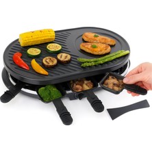 8 Kişilik Raclette Seti - Oval Izgara - Krep Fonksiyonu - Tavalar ve Izgara Plakalı Kazıyıcı Dahil Masa Izgarası - (Yuvarlak)