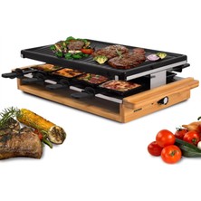Syntrox Raclette Grill 8 Kişilik Leitol 1200W, Emaye Izgara Plakalı Elektrikli Raclette Izgara, 8 Yapışmaz Tava, Kademesiz Sıcaklık Kontrolü, Ahşap Tasarım Masa Izgarası