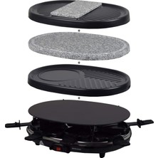 Syntrox Almanya Raclette Grill Chur, 8 Kişilik, Cam Seramik + Sıcak Taş, 3 Ek Tabak, 8 Tava, 1000W