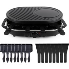 8 Kişilik Oval Raclette Izgara Seti - Izgara Plakalı ve Krep Fonksiyonlu - Tava ve Kazıyıcı Dahil Masa Izgarası