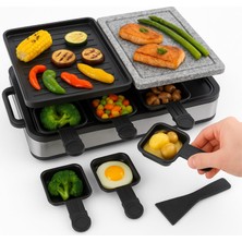 Raclette 8 Kişilik Set - Masa Izgarası ve Izgara Plakası ve Taş Tabak Fonksiyonlu - Tava ve Kazıyıcı Dahil - 1400 Watt - Kare