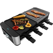 Cecotec Raclette Cheese&grill 16000 Inox Mixgrill, 8 Kişilik, 1400 W Izgara, Ayarlanabilir Termostat, 2 Adet 20 x 22 cm Alüminyum Izgara Plakası ve 20 x 22 cm Doğal Taş, 8 Tava ve 8 Spatula Dahil.