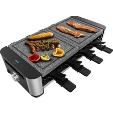 Cecotec Raclette Cheese&grill 16000 Inox Allstone, 8 Kişilik, 1400 W Izgara, Ayarlanabilir Termostat, Karışık Izgara ve Izgara Yüzeyi 40 x 22 Cm, Doğal Taş Tabak, 8 Tava ve 8 Spatula Dahil.