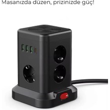 St. Morritz 3 Usb-A + 1 Type-C Çıkışlı Kule Tipi Akım Korumalı Çoklu Priz – Tek Tuş Kontrol, Kompakt Masaüstü