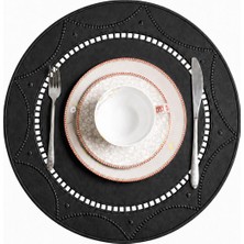 Evien Home Nakışlı Deri Amerikan Servis 2'li Set Çift Taraflı Yuvarlak Supla 42X42 cm Bianca Siyah