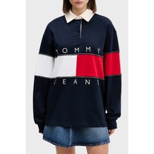 Tommy Jeans Tommy Hilfiger Logolu Pamuklu Oversize Polo Yaka Sweat Kadın Sweat DW0DW22827 C1G