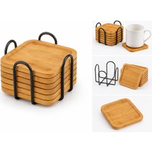 Sihome Bambu Bardak Altlığı 6'lı Set Kare Nihale Siyah Metal Standlı Bardak Altlığı