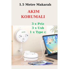 St. Morritz 3'lü 1.5 Metre Makaralı Akım Korumalı 2500 Watt Çocuk Korumalı 3 USB 1 Type C Girişli Üçlü Priz
