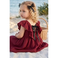 Parla Kids Kız Çocuk Bordo Cherry Fiyonklu Fırfırlı Keten Elbise Toka Takım