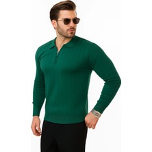 Erkek Slim Fit Polo Yaka Fermuarlı Fitilli Triko Kazak - 4001