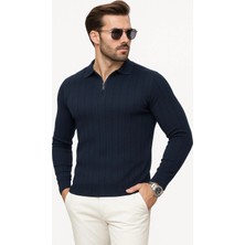 Erkek Slim Fit Polo Yaka Fermuarlı Fitilli Triko Kazak - 4001