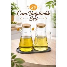 St. Morritz Bambu Kapaklı Cam Yağdanlık Vakumlu Silikon Stantlı Sirkelik Zeytinyağı Şişesi Yağlık 900 ml Set