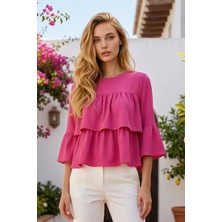 Olsa Moda Kadın Önü Kat Kat Truvakar Kollu Dokuma Kumaş Relaxed Fit Bluz