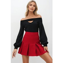 Olsa Moda Kadın Cut Out Detaylı Kayık Yaka Esnek Kumaş Balon Kol Bluz