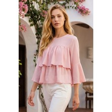 Olsa Moda Kadın Önü Kat Kat Truvakar Kollu Dokuma Kumaş Relaxed Fit Bluz
