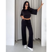 Budan Export Kadın Pike Dokulu Yanları Büzgülü Crop Bluz Beli Bağcıklı Bol Paça Pantolon Ikili Takım