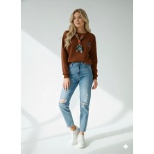 Ribana Classic Kadın Bisiklet Yaka Fularlı Içi Pamuklu Yumuşak Dokulu Nakışlı Uzun Kollu Sweatshirt
