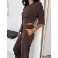 Budan Export Kadın Pike Dokulu Yanları Büzgülü Crop Bluz Beli Bağcıklı Bol Paça Pantolon Ikili Takım