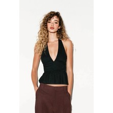 Olsa Moda Kadın V Yaka Sırtı Açık Dokulu Kumaş Eteği Volanlı Bluz