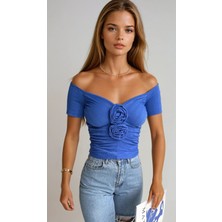 Olsa Moda Kadın Gül Detaylı Düşük Omuz Örme Kumaş Bluz