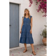 Hc Kids Wear Kadın Büyük Beden Kot Elbise Yazlık Kolsuz Düğmeli Midi Boy Denim Elbise