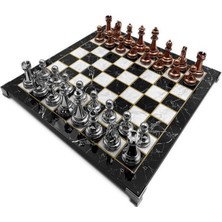 vegahediye v vega Orta Boy Gümüş-Bronz Taşlı Mermer Desenli Klasik Tablalı Satranç Takımı (30X30CM) (Kahverengi)