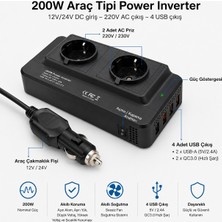 Smayling 200W Araç Power Inverter 12V/24V - 220V Dönüştürücü 2 Priz 4 USB 2 Qc 3.0 Hızlı Şarj Araç Çakmaklık Adaptörü
