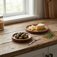 Deconox 2'li Doğal Akasya Ahşap Yuvarlak Servis Tabağı ve Çerezlik Seti – 12 cm ve 15 cm Kahv