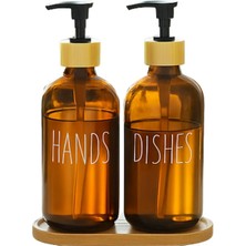 Dispenser Seti 2 Li Şişe Hands Dishes Etiketli Bambu Kapaklı Sıvı Sabun Deterjan Pompası
