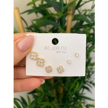 Gold Renk 3'lü Mini Küpe Seti Çiçek ve Zirkon Taş Detaylı Kadın Küpe Kombin Seti