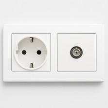 Karen Ikili Beyaz Çerçeve Priz Seti Topraklı Elektrik Prizi Tv Anten Prizi F Tipi Ofis ve Ev Kullanımı
