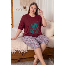 Farya Home Büyük Beden Pamuklu Desenli Kısa Kollu Bermuda Kapri Pijama Takımı