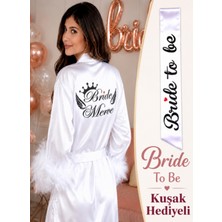 Bride By Victoria ( Isminizi Yazıyoruz) Gelin Sabahlığı Bride Sabahlık Kollar Tüylü ve Bride To Be Kuşak
