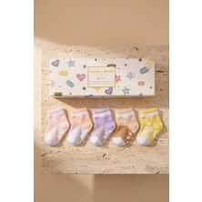 Bony Socks Bebek Şerit Desenli Tabanı Kalp Baskılı 5'li Kutulu Soket Çorap Pembe Mix
