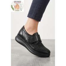 Shoemix Kadın Siyah Cırt Cırtlı Örgü Desen Rahat Taban Günlük Ayakkabı Üst Kemik Destekli Örgü  -1043-01