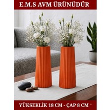 E.M.S 2 Adet Turuncu Renk Uzun Büyük Boy Çizgili Vazo Bohem Uzun Vazo Iskandinav Tarz Vazo 18 x 8 Cm.