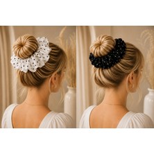 Gmn Collection Yeni Sezon Kadın Siyah ve Beyaz Puantiye Desenli 2'li  Lastikli Scrunchie Toka Seti